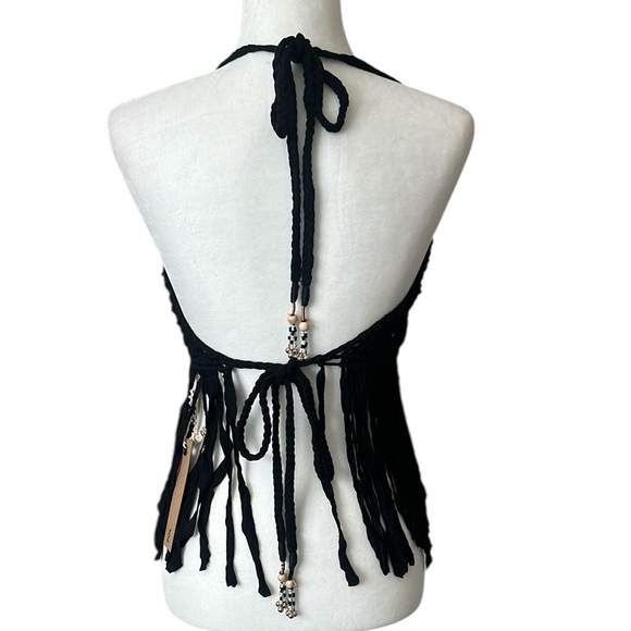NWT POL Black Macrame Fringe Halter Top Back Ties Beaded Trim Size Small - Picture 3 of 9
